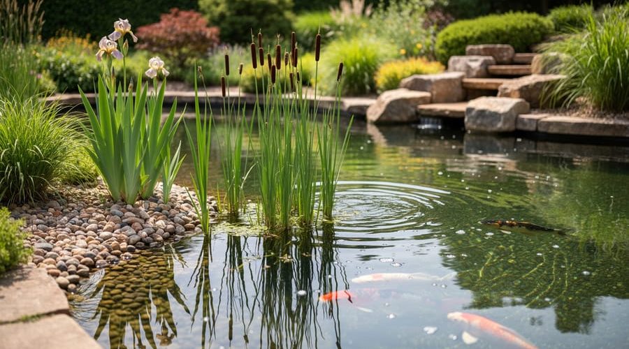 “Koi pond with a gravel wetland bog filter bed planted with iris, rushes, and cattails, showing clear water and gentle ripples.”
