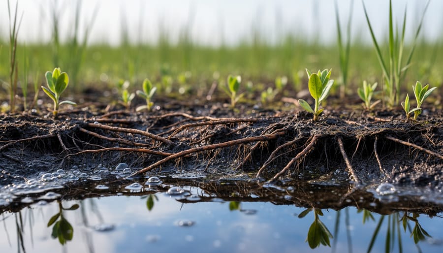 Macro view of wetland plant roots in a moist gravel bog filter bed