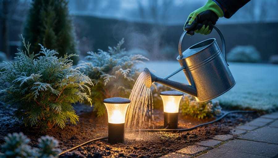 Gardener watering marginal plants near a pond while winter lights glow in the background