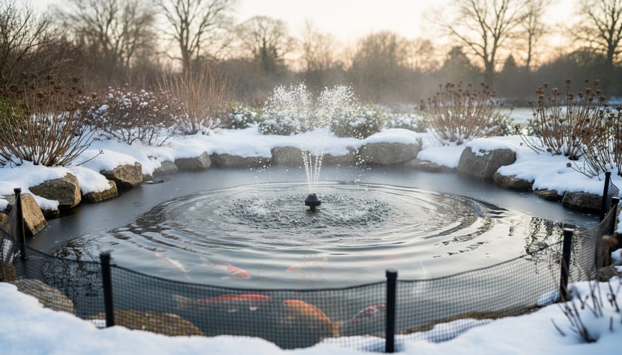 Backyard pond with thin ice edges and an aeration device bubbling in winter.