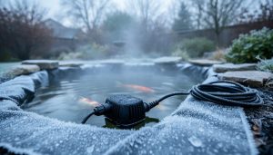 Backyard koi pond with early frost and visible pump/filter equipment ready for winterization under cool overcast light.