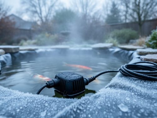 Backyard koi pond with early frost and visible pump/filter equipment ready for winterization under cool overcast light.