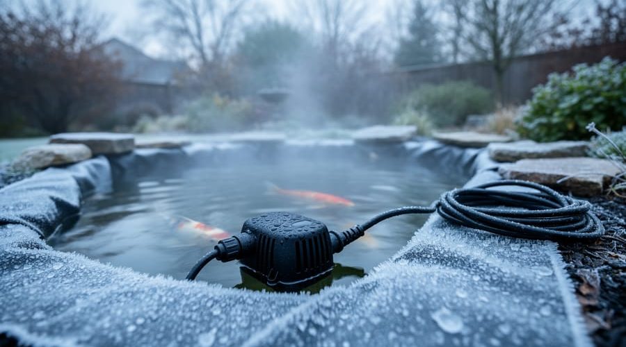 Backyard koi pond with early frost and visible pump/filter equipment ready for winterization under cool overcast light.