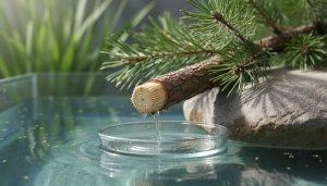 “Close-up of a fresh pine branch cut end used as a DIY xylem filter beside a pond or aquarium with clear water and green aquatic plants in the background.”