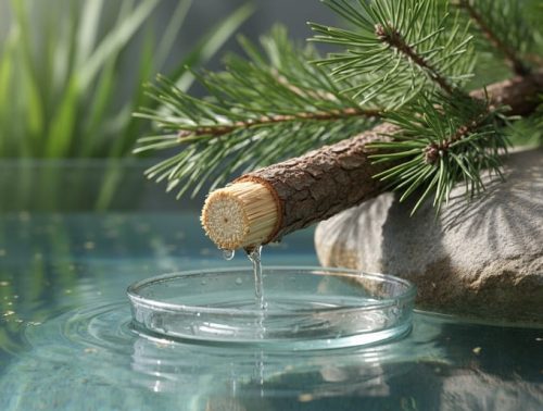 “Close-up of a fresh pine branch cut end used as a DIY xylem filter beside a pond or aquarium with clear water and green aquatic plants in the background.”