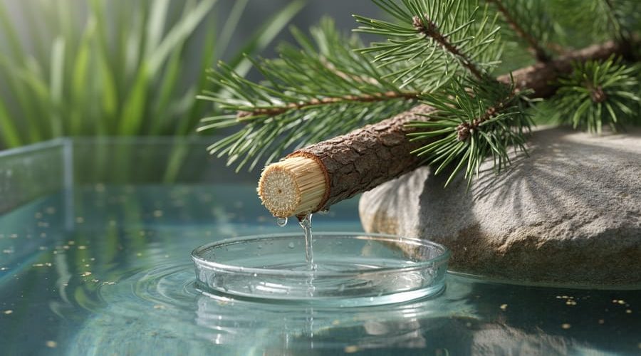 “Close-up of a fresh pine branch cut end used as a DIY xylem filter beside a pond or aquarium with clear water and green aquatic plants in the background.”